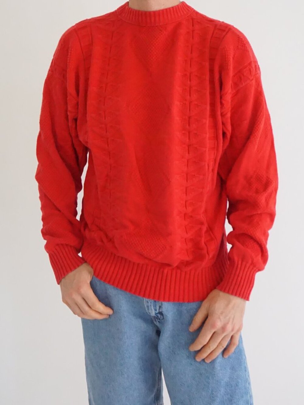 Vintage Red Textured Diamond Knit Crew Neck Casual Sweater Classic Pattern Large